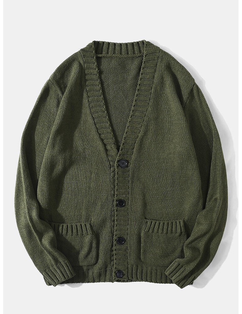 Cardigans - Men Vintage Knit Button V-Neck Double Pockets Casual Cardigans