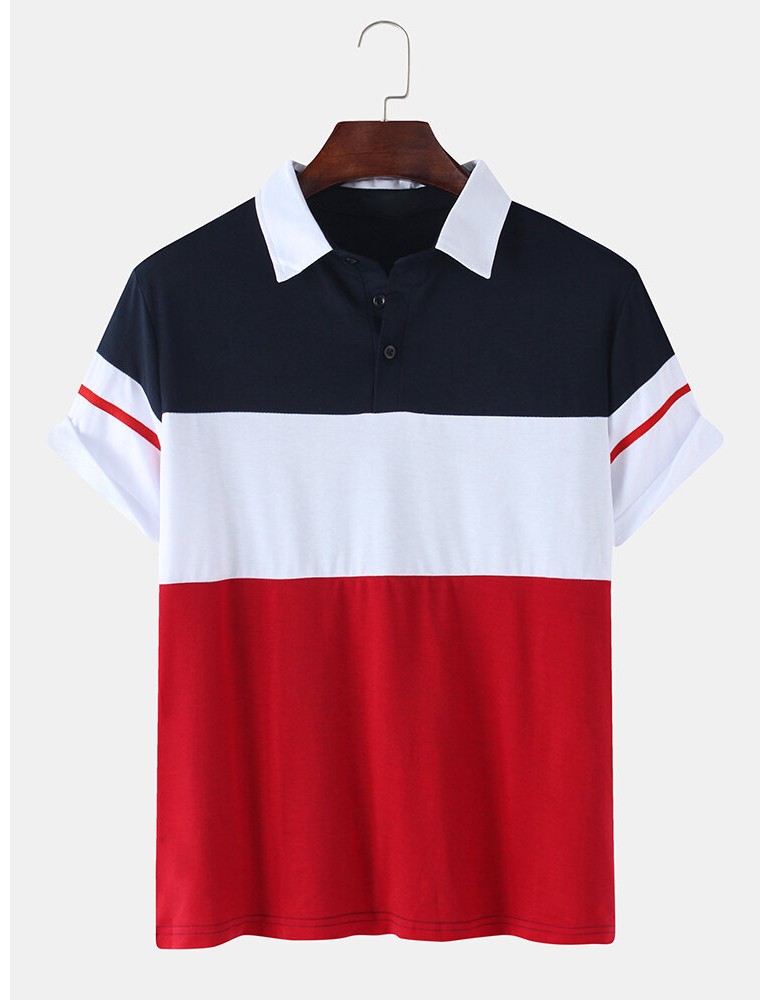 Golf Shirts - Mens Color Block Patchwork Casual Short Sleeve Golf Shirt