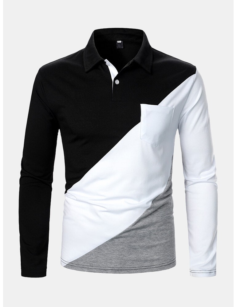 Golf Shirts - Mens Tricolor Patchwork Long Sleeve Golf Shirts With Chest Pocket